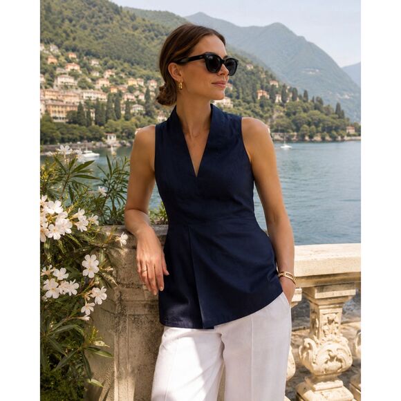 Brunello Cucinelli Tops - Brunello Cucinelli Blue Tunic Sleeveless V Neck Blouse S Quiet Luxury Cotton